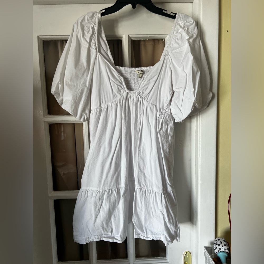 White Puff-Sleeve Mini Dress with Square Neckline